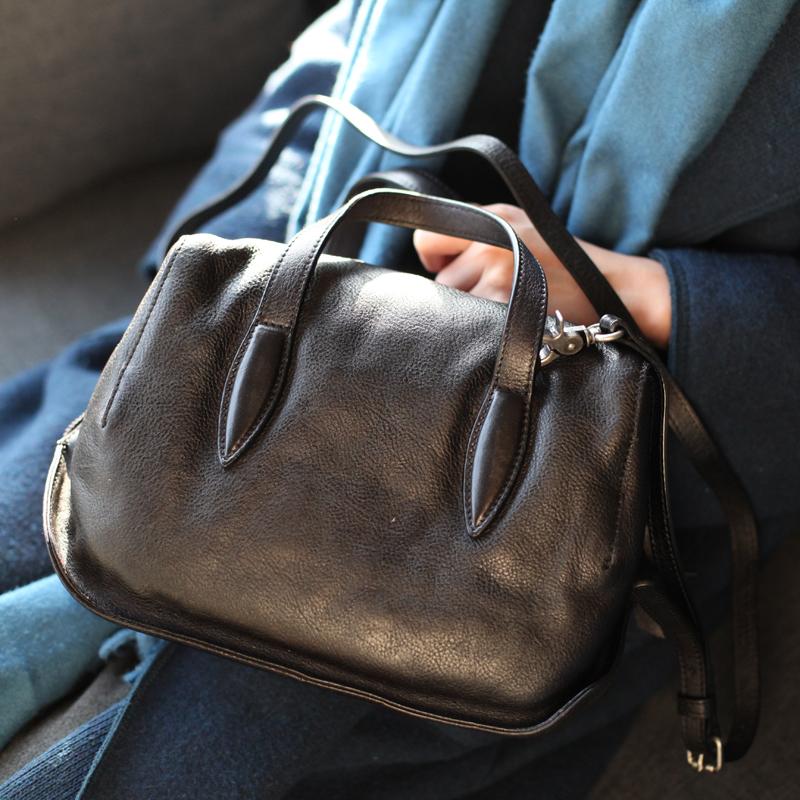 Fashion Women Brown Leather Boston Handbags Black Shoulder Bag Boston Crossbody Bags Purse