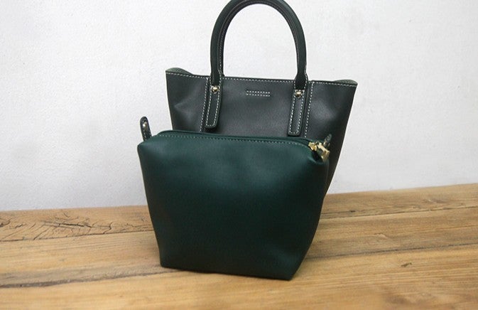 Classic Green Leather Womens Bucket Handbag