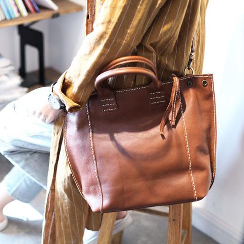 Stylish Womens Brown Leather Shopper Tote Bag Brown Leather Tote Handbag Shoulder Bag With Zipper