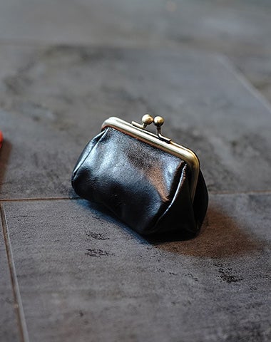 Vintage Women Black Leather Coin Wallet Frame Clasp Coin Pouch Change Wallet For Women
