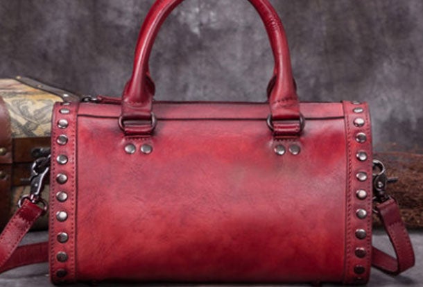 Red Italian Leather Boston Handbag Ladies Rivet Trim