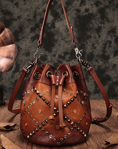 Metal Embellished Leather Bucket Handbag