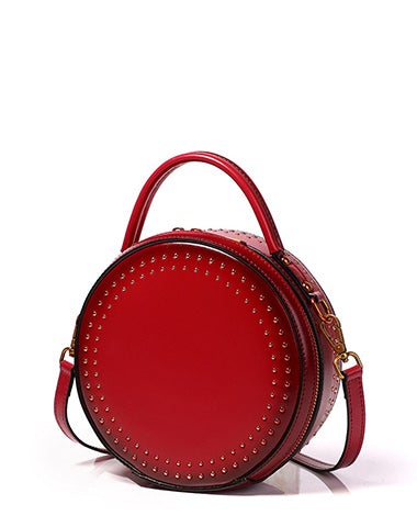Womens Red Leather Round Handbag with Rivet Crossbody Purse Red Round Shoulder Bag for Women