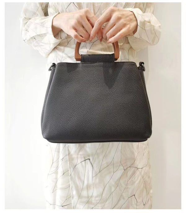 Black Wooden Circle Handle Shoulder Handbag Purses