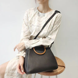 Black Wooden Circle Handle Shoulder Handbag Purses