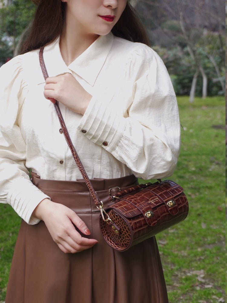 brown croc purse vintage barrel handbag women