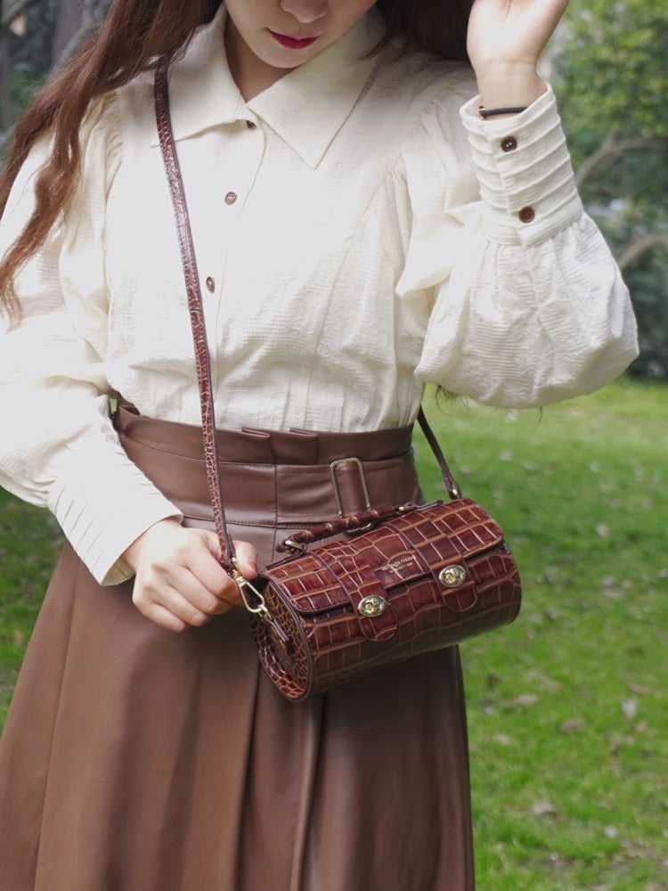 brown croc purse vintage barrel handbag women