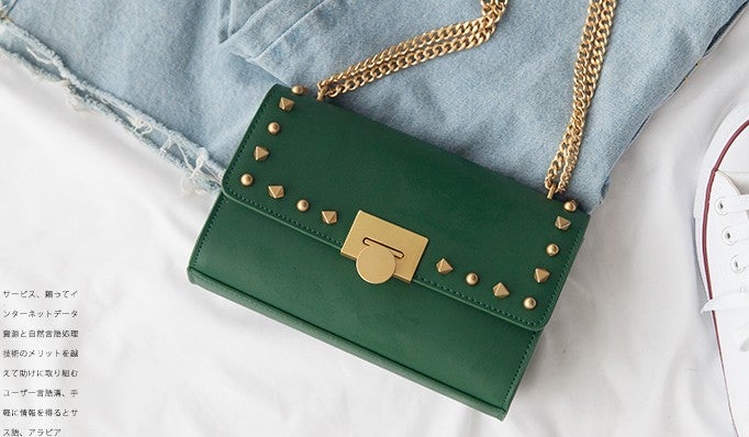 Green Cowhide Rivet Messenger Bag Fashion Girl