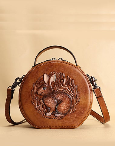 Cutest Womens Brown Leather Round Handbag Bunny Crossbody Purse Vintage Round Shoulder Bags for Women