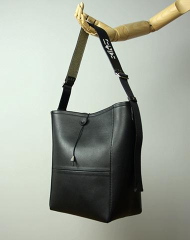 Large Black Leather Shoulder Bucket Bag Womens