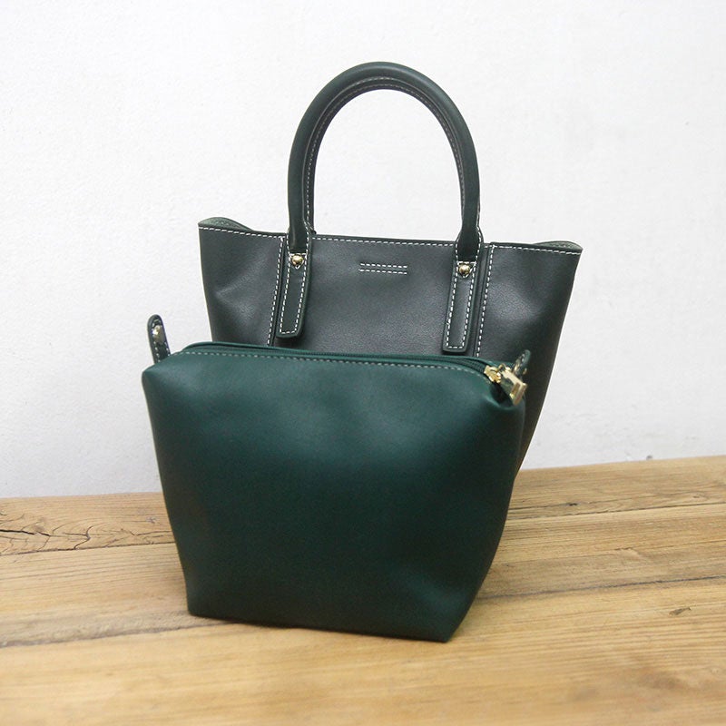 Classic Green Leather Womens Bucket Handbag