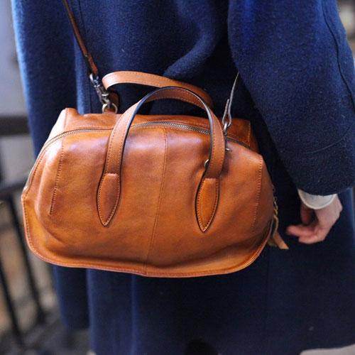 Fashion Women Brown Leather Boston Handbags Black Shoulder Bag Boston Crossbody Bags Purse