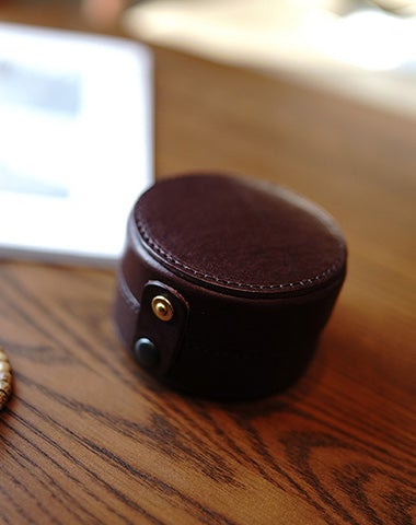 Cute Women Brown Leather Round Coin Wallet Box Small Portable Jewelry Storage Box For Women