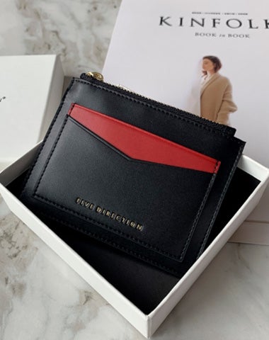 Cute Women Black Vegan Leather Card Holders Slim KeyChain Card Wallet Zip Change Wallet For Women