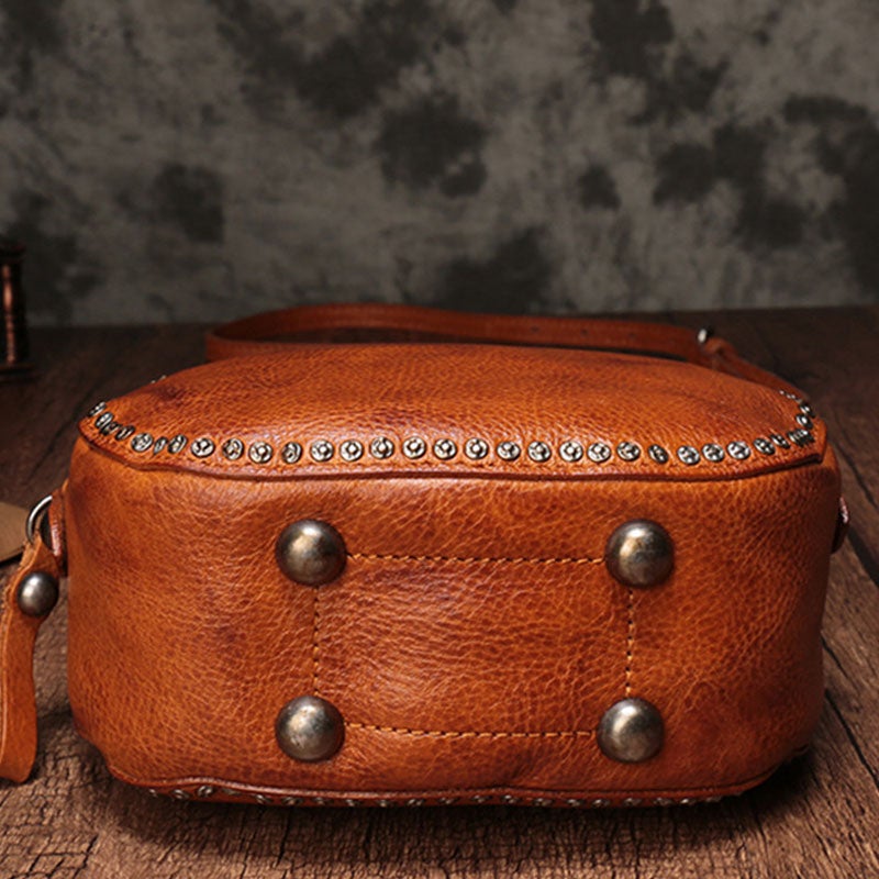 Vintage Brown Leather Womens Round Handbag Black Shoulder Circle Bag Purse For Women
