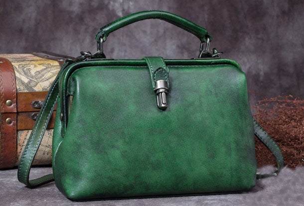 Green Cowhide Doctor Shoulder Bag Handmade Ladies Shopping