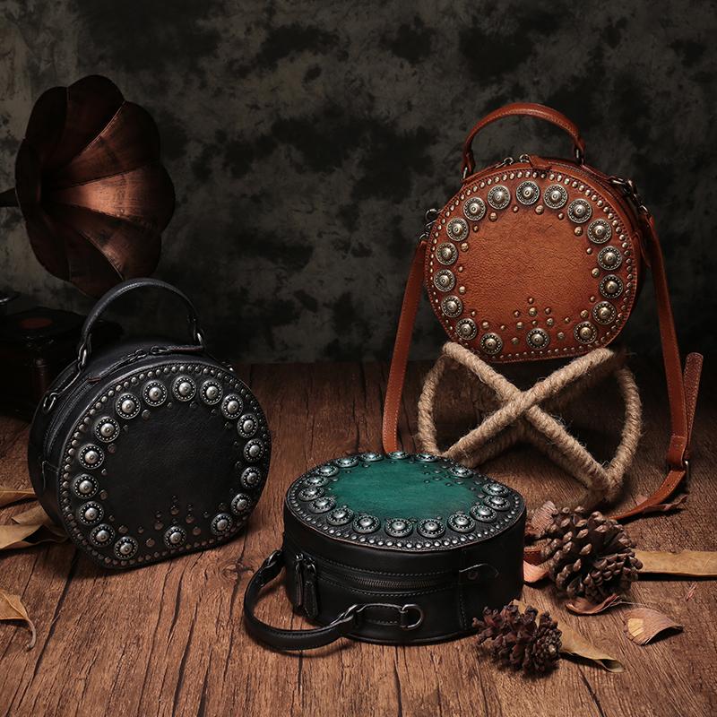 Studded Leather Circle Crossbody Bags For Women