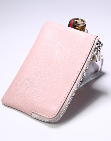 Slim Women Brown Leather Zip Wallet with Keychains Billfold Minimalist Coin Wallet Small Zip Change Wallet For Women
