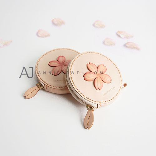 Hand stitched leather floral sakura coin holder wallet purse
