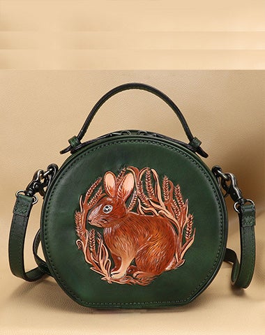 Cutest Womens Red Leather Round Handbag Bunny Crossbody Purse Vintage Round Shoulder Bags for Women