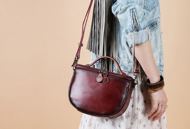 Handmade Genuine Leather Round Handbag Bag Crossbody Bag Shoulder Bag Purse For Women