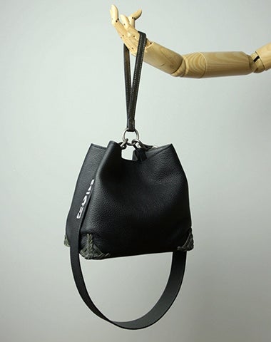 Black Leather Bucket Shoulder Bag Womens