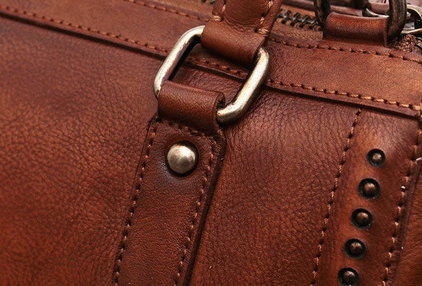 Genuine Handmade Boston Bag Vintage Leather Rivet Biker Handbag Shoulder Bag Women Leather Purse