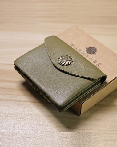 Slim Women Red Brown Sunflower Leather Card Wallet Minimalist Envelope Card Holder Wallet Coin Wallet For Women