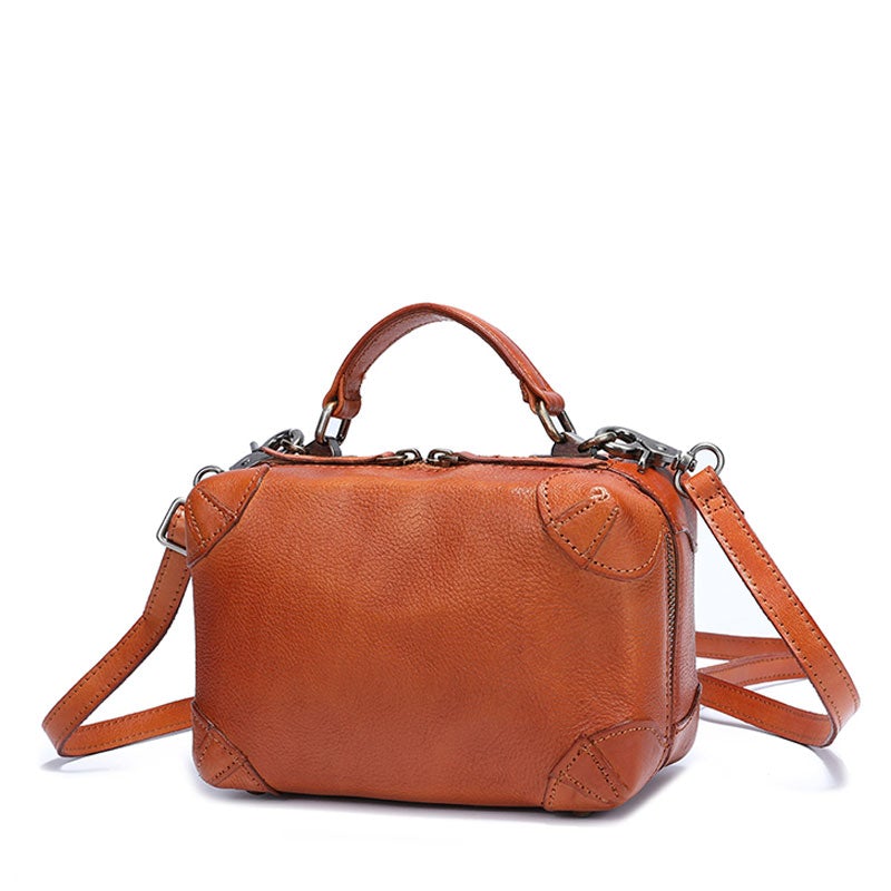Small Fashion Leather Brown Red Box Handbag Shoulder Bag Cube Crossbody Purse For Women