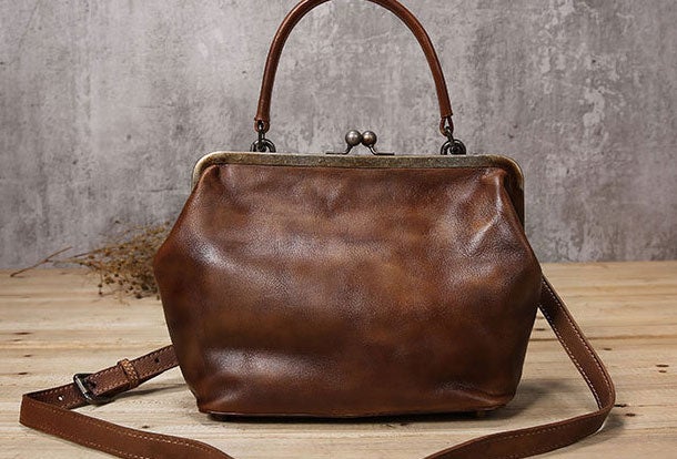 Handmade Genuine Bag Vintage Frame Leather Handbag Shoulder Bag Crossbody Bag Women Leather Purse