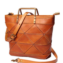 Vintage Brown Leather Handbag Tote Green Shopper Bag Shoulder Tote Purse For Women