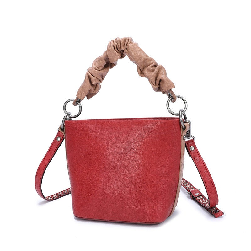 Fashionable Red Leather Bucket Handbag For Women