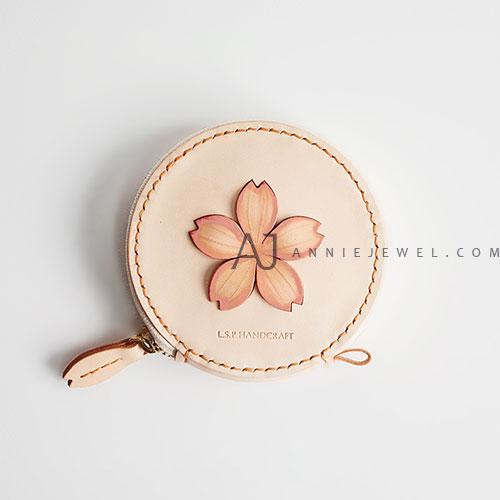 Hand stitched leather floral sakura coin holder wallet purse