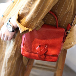 Vintage Womens Brown Small Leather Satchel Handbag Flap Over Shoulder Bag Red Crossbody Bag for Ladies