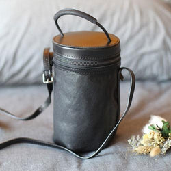 Fashion Womens Small Black Handbag Leather Barrel Crossbody Bag Cute Bucket Shoulder Bags for Ladies