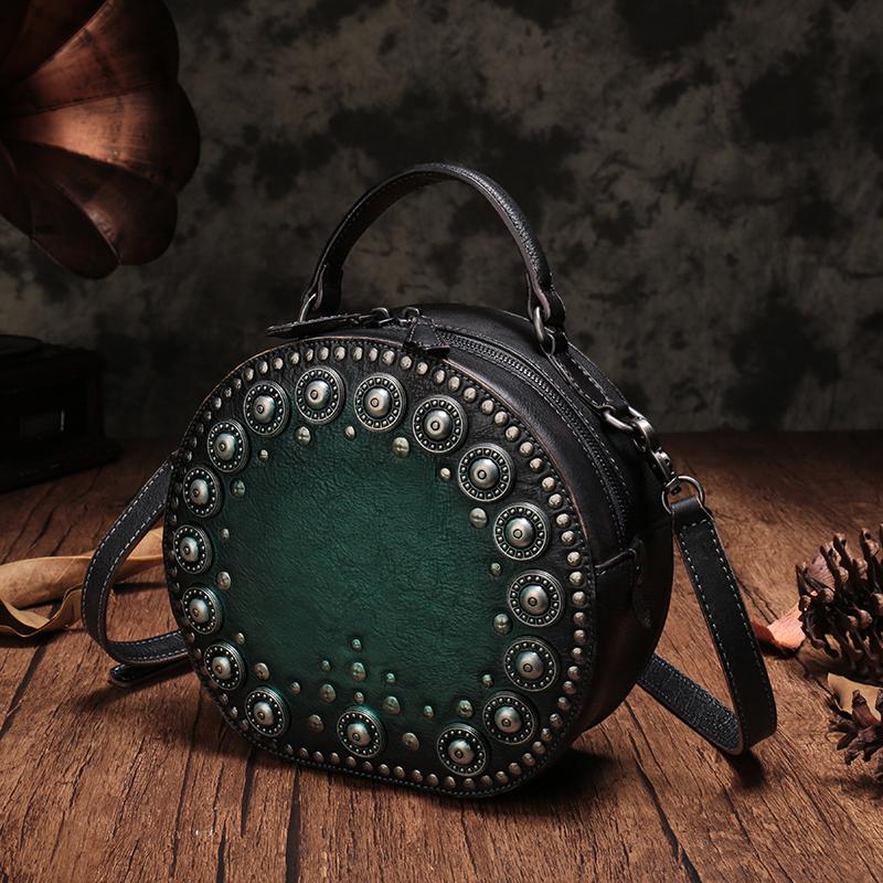 Studded Leather Circle Crossbody Bags For Women