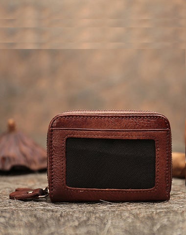 Vintage Women Brown Leather Card Holders Small Double Zip Card Wallet Small Wallet For Women