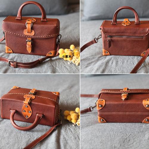 Vintage Brown Womens Leather Satchel Handbag Purse Structured Doctor Handbag Shoulder Bag