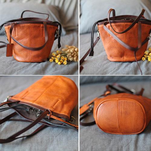 Vintage Womens Brown Leather Barrel Handbag Drawstring Bucket Bag Tan Bucket Shoulder Bag