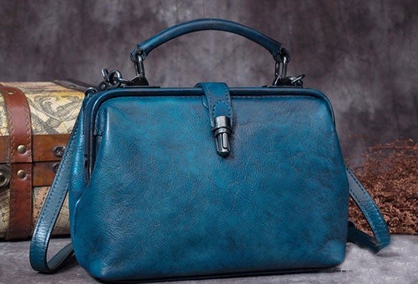 Handmade Dark Blue Leather Handbag Vintage Doctor Bag Shoulder Bag Purse For Women