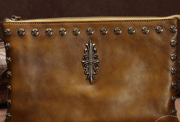 Genuine Leather Rivet Handbag Clutch Vintage Crossbody Bag Shoulder Bag Purse For Women