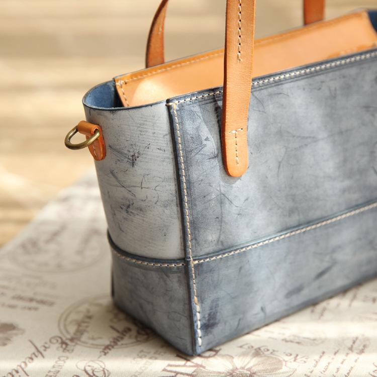 Vintage Womens Blue Leather Handbag Tote Purse Tote Handmade Shopper Side Tote Bag for Men
