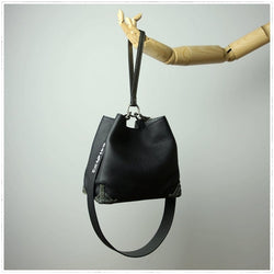 Black Womens Leather Bucket Shoulder Purse Womens Barrel Black Leather Handbag Shoulder Bag for Ladies