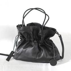 Black Soft Leather Bucket Shoulder Bag with Drawstring Fashion Girl