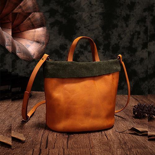 Vintage Womens Leather Brown Tote Handbag Small Green Shopper Tote Shoulder Tote for Ladies