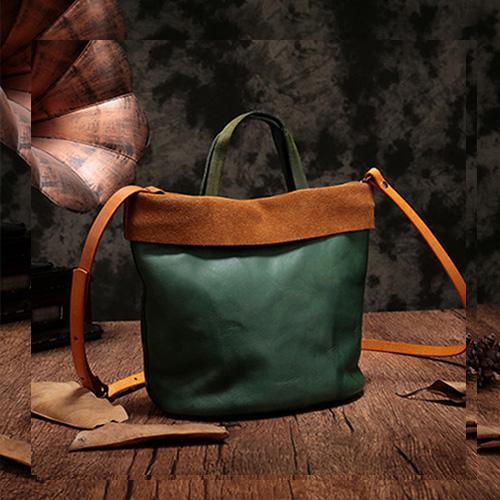 Vintage WOmens Green Leather Small Tote Bucket Bag Brown Small Tote Handbags Purse for Ladies