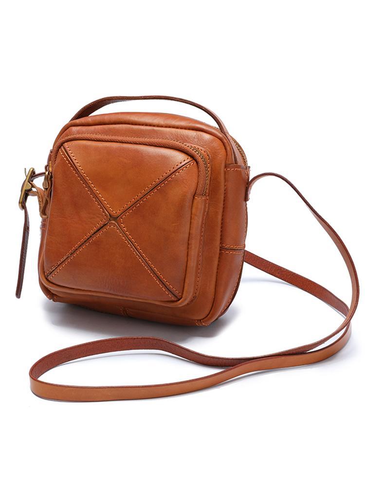 Vintage Womens Brown Leather Square Small Handbag Side Bag Crossbody Bag for ladies
