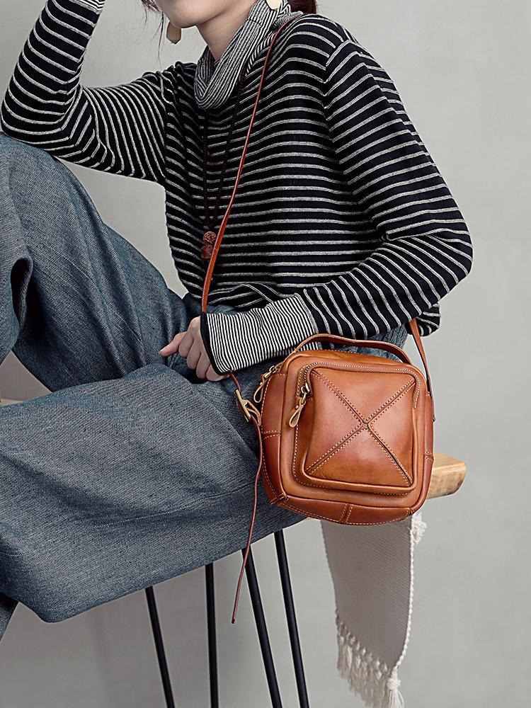 Vintage Womens Brown Leather Square Small Handbag Side Bag Crossbody Bag for ladies