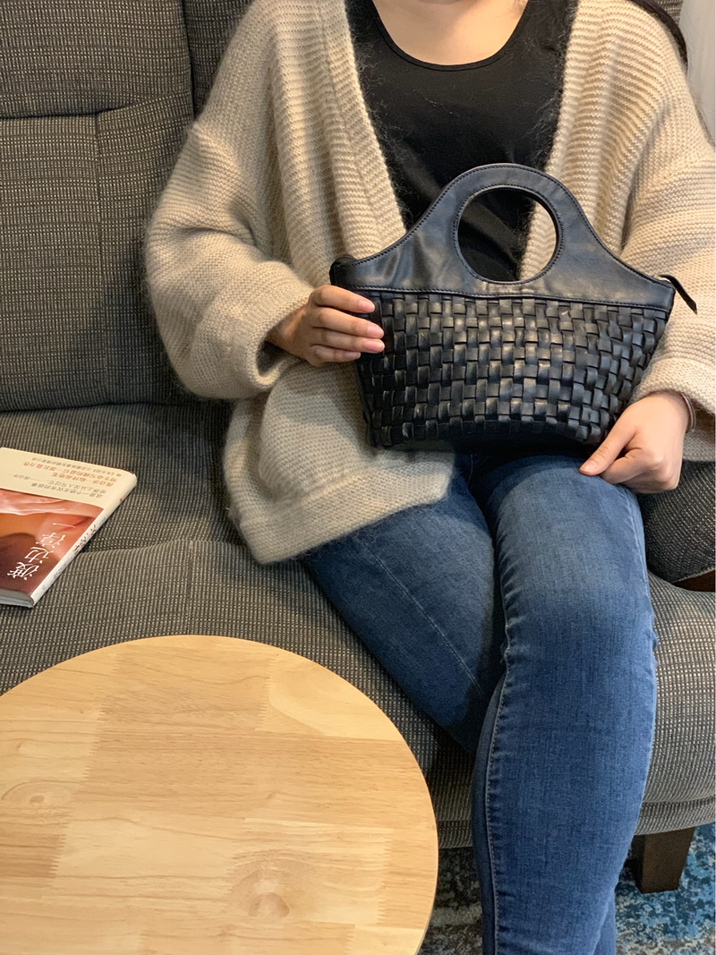 Designer Coffee Womens Braided Leather Bucket Bag