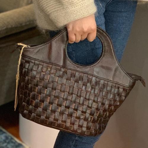 Brown Braided Leather Womens Bucket Handbag Shoulder Bucket Bag Purse Side Bag for Ladies
